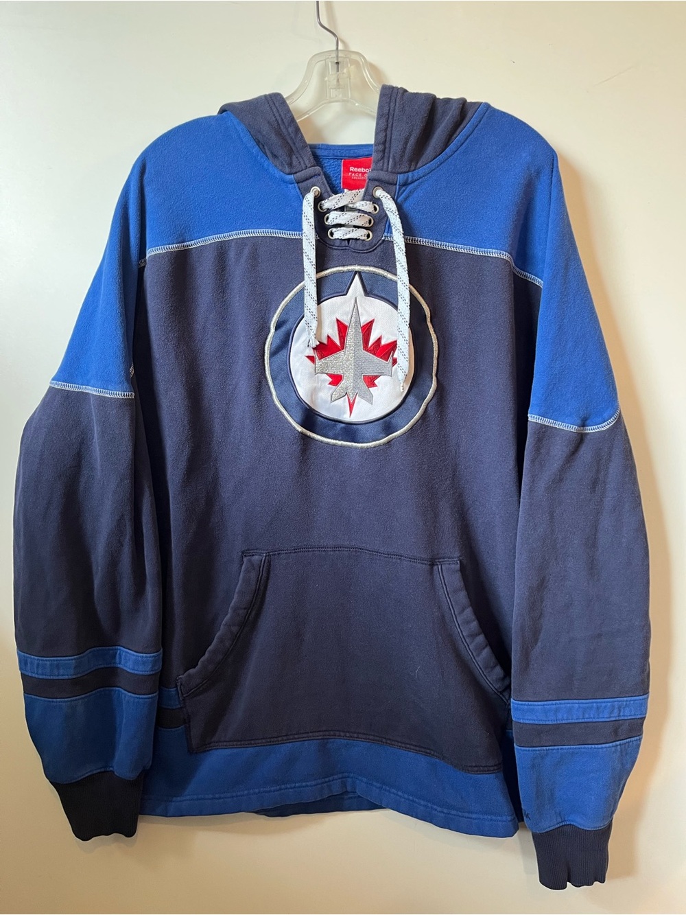 Vintage Reebok Winnipeg Jets Lace-Up Hooded Pullover – Navy and Royal Blue
